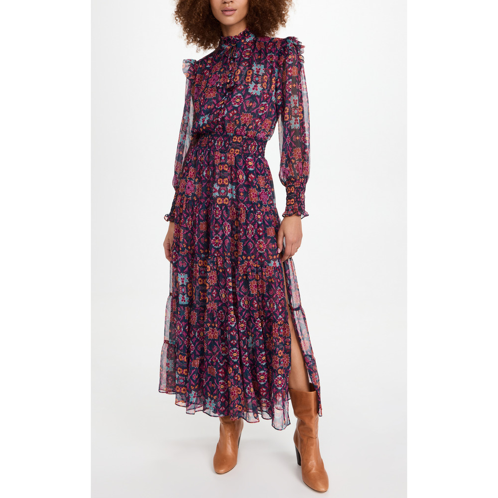 Misa Los Angeles Indigo Floral Tiered Long-Sleeve Midi Dress